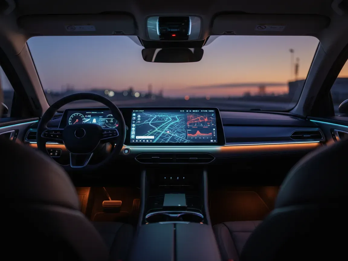 Empty car interior at dusk with a glowing map touchscreen and a smartphone on the console in cinematic lighting.