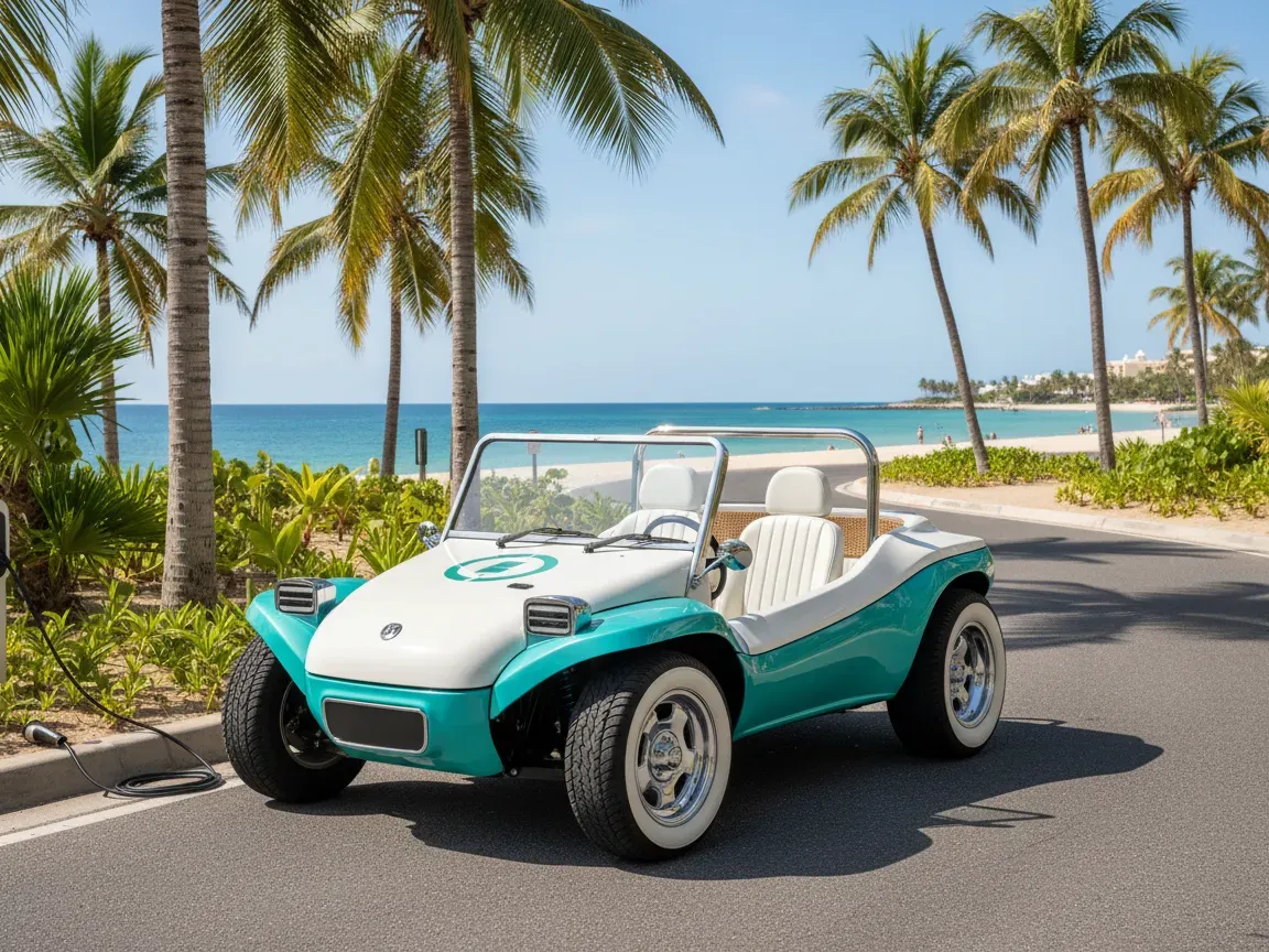 Modern electric retro beach buggy on a sunny coastal road with palm trees and ocean views.