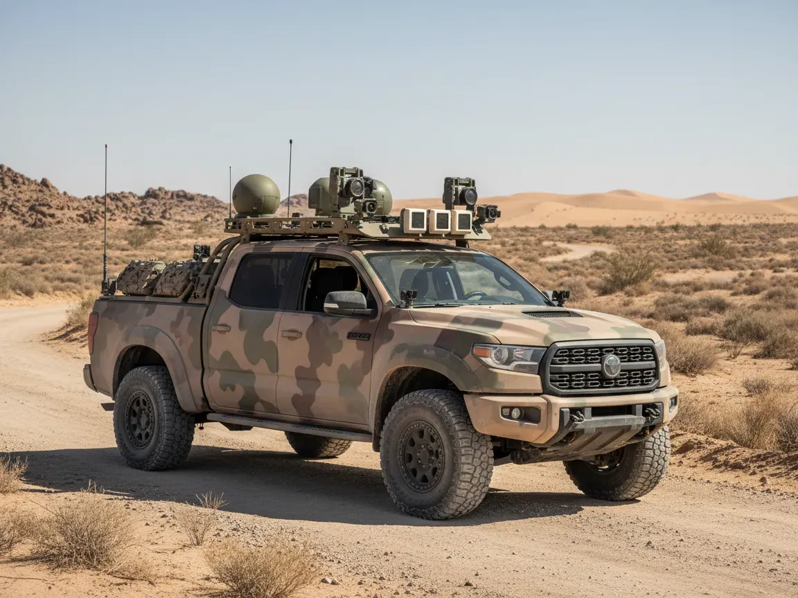 Military heavy-duty pickup truck in desert camouflage parked on a dusty trail with roof-mounted sensors and lidar.