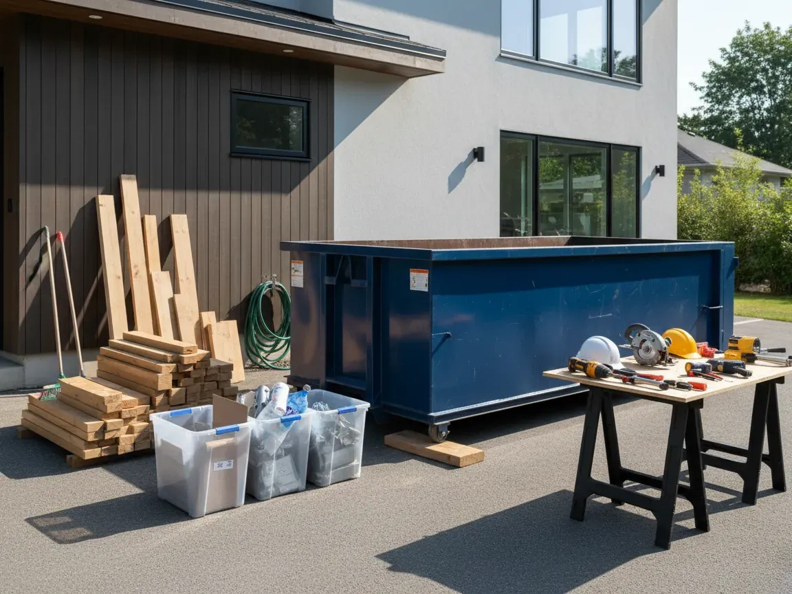 A blue dumpster, timber, and tools neatly arranged on a driveway during a home renovation in the afternoon sun.