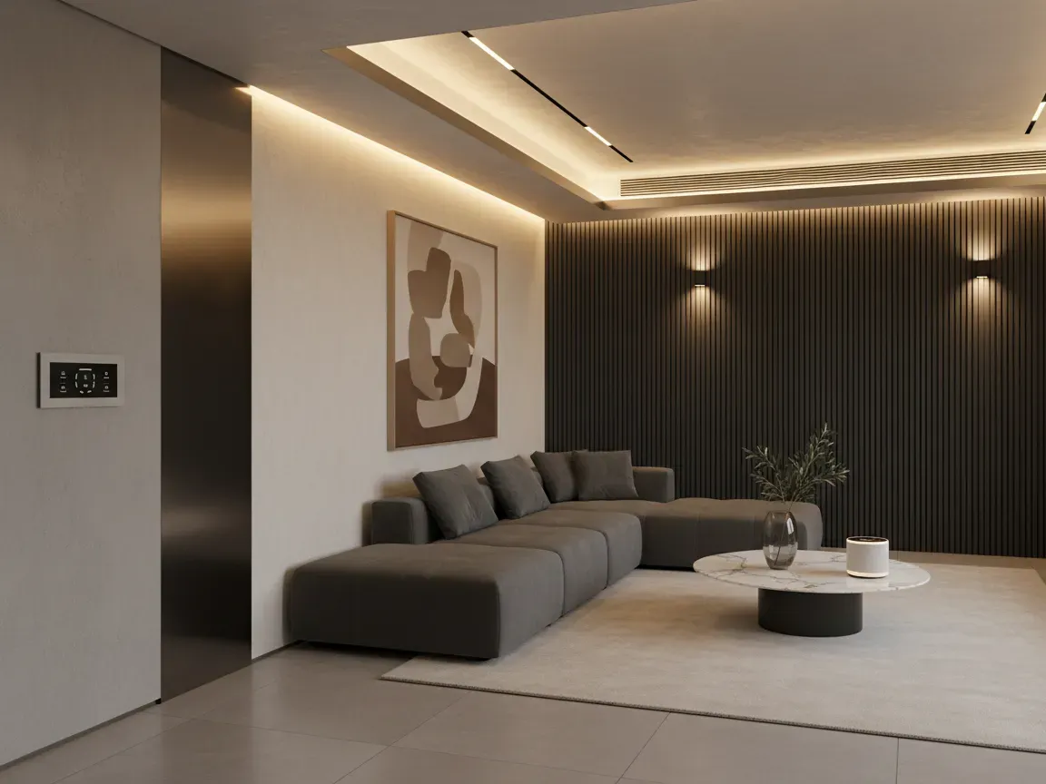 Modern luxury smart home interior with warm ambient cove lighting, textured walls, and minimalist decor.
