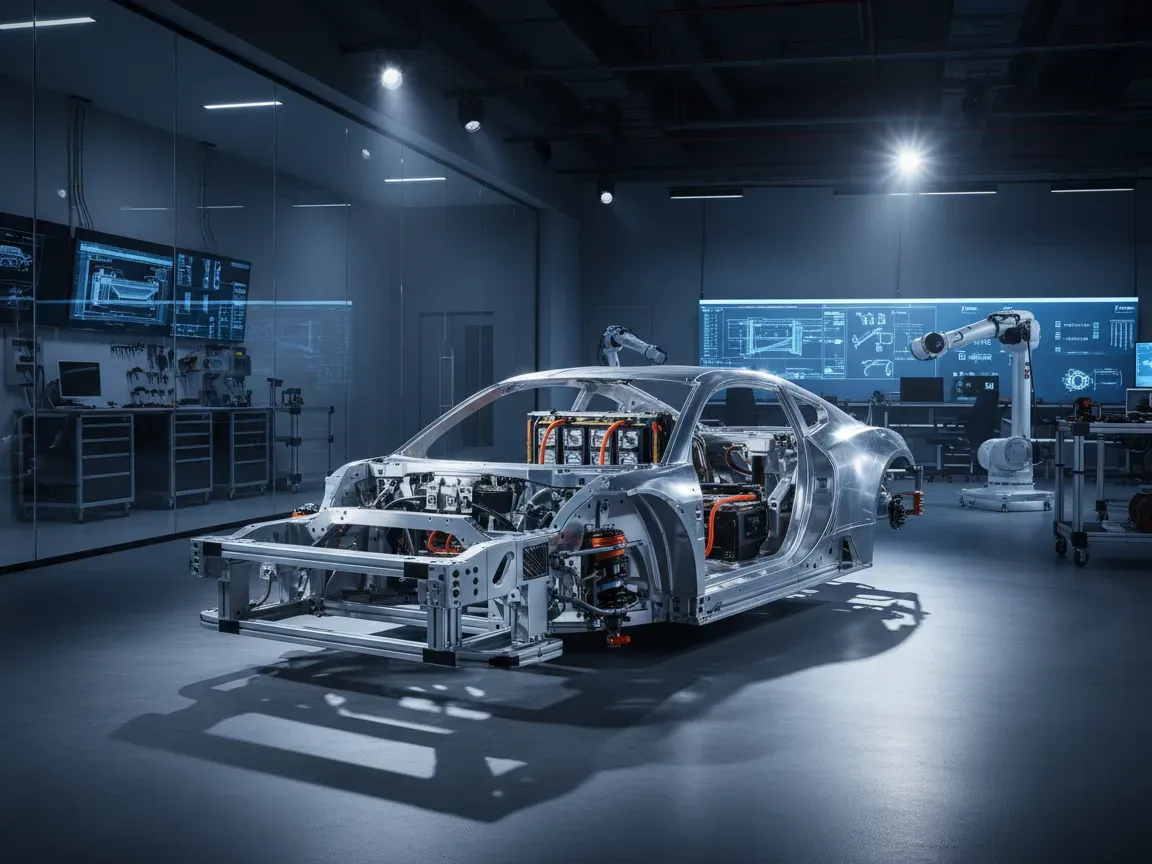 Aluminum sports car chassis with exposed battery pack in a modern, brightly lit automotive engineering lab.